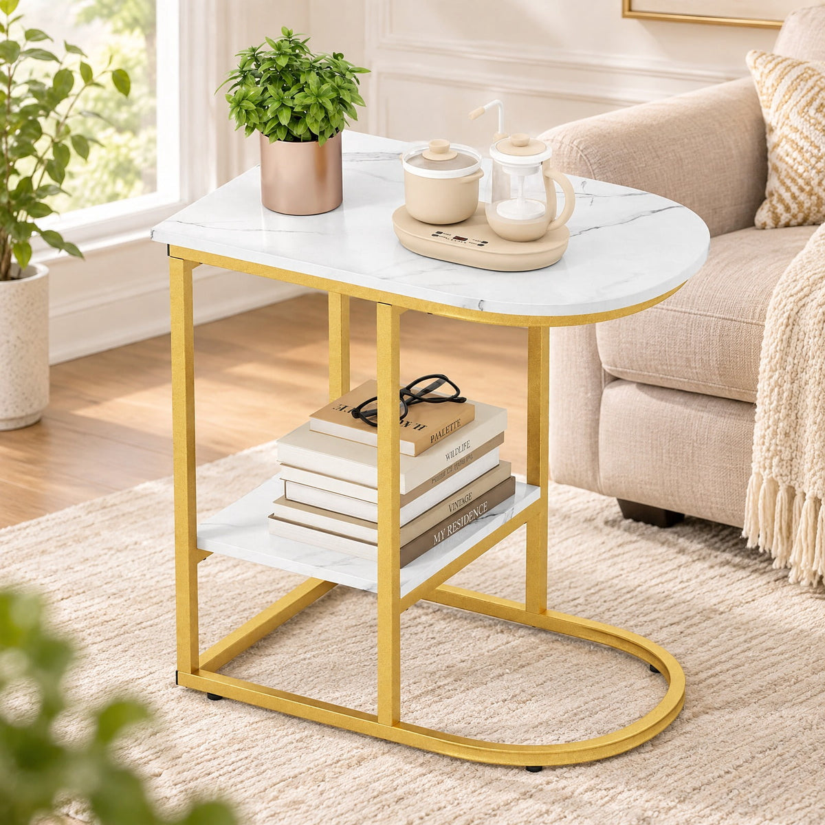 Airfind C-shaped Modern Sofa Side Table with Faux Marble Tabletop and Storage Shelf, 66 lbs Capacity, Engineered Wood Metal Frame, White