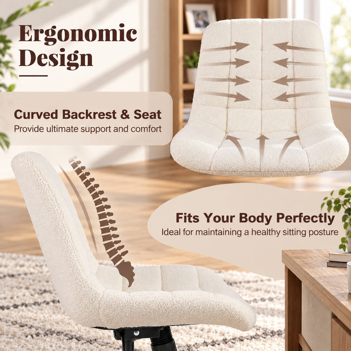 Airfind Teddy Fleece Armless Office Chair Makeup Vanity Chair, 250 lbs Capacity, Metal Teddy Fleece Sponge Nylon Frame, White