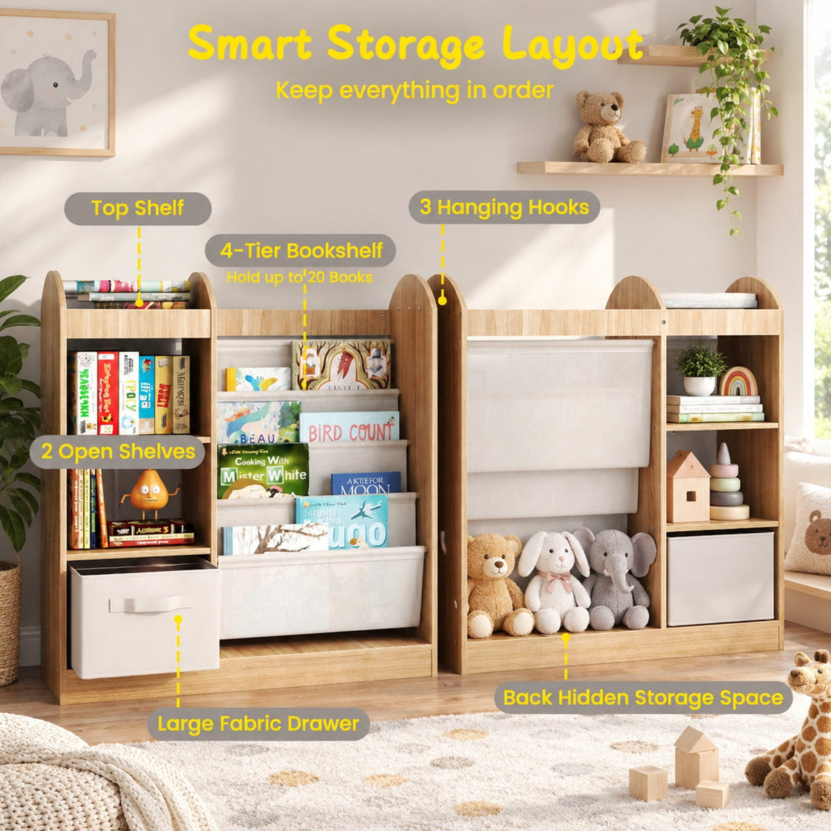 Airfind Toy Storage Organizer with 4-Tier Sling Shelves, 22 lbs Capacity, MDF Pine Wood Fabric Frame for Everyday Use, Natural
