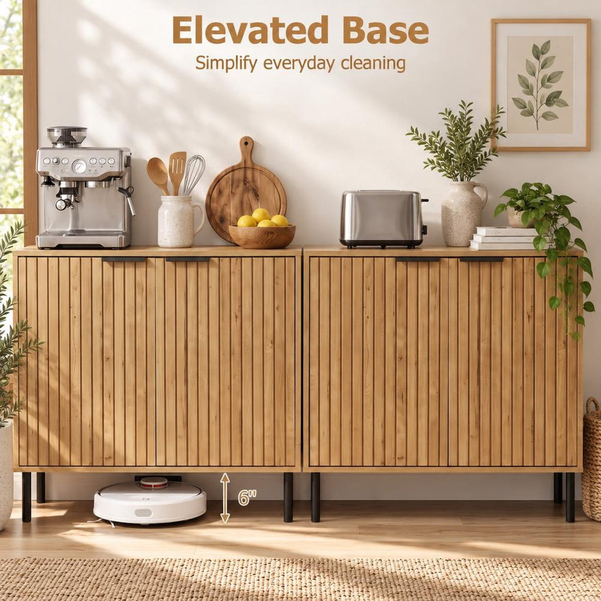 Airfind Fluted Buffet Cabinet with 2-Door Sideboard for Kitchen and Dining Room, Black Oak + BlackMaterial Engineered Wood MetalOverall