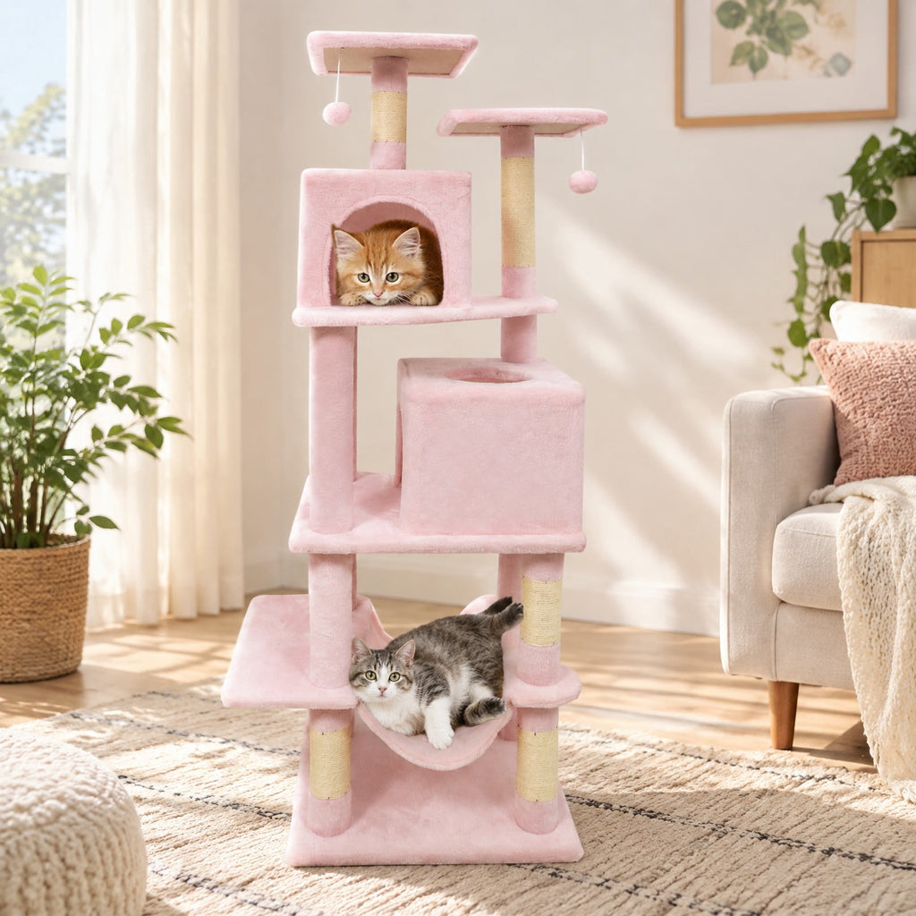 Airfind 57 Inch Cat Tree with Dual Condos and Hammock and 2 Dangling Balls, 29 x 16 Footprint, Pink
