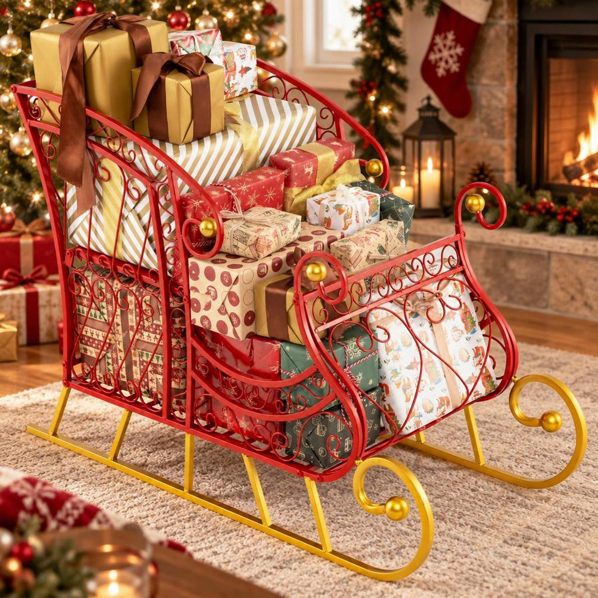 Airfind Metal Christmas Santa Sleigh Basket 2-Tier Xmas Santas Gift Storage Sleigh, 33 Lbs Capacity, Metal, 33.5 Inch X 16.5 Inch X 24.5 Inch, Red