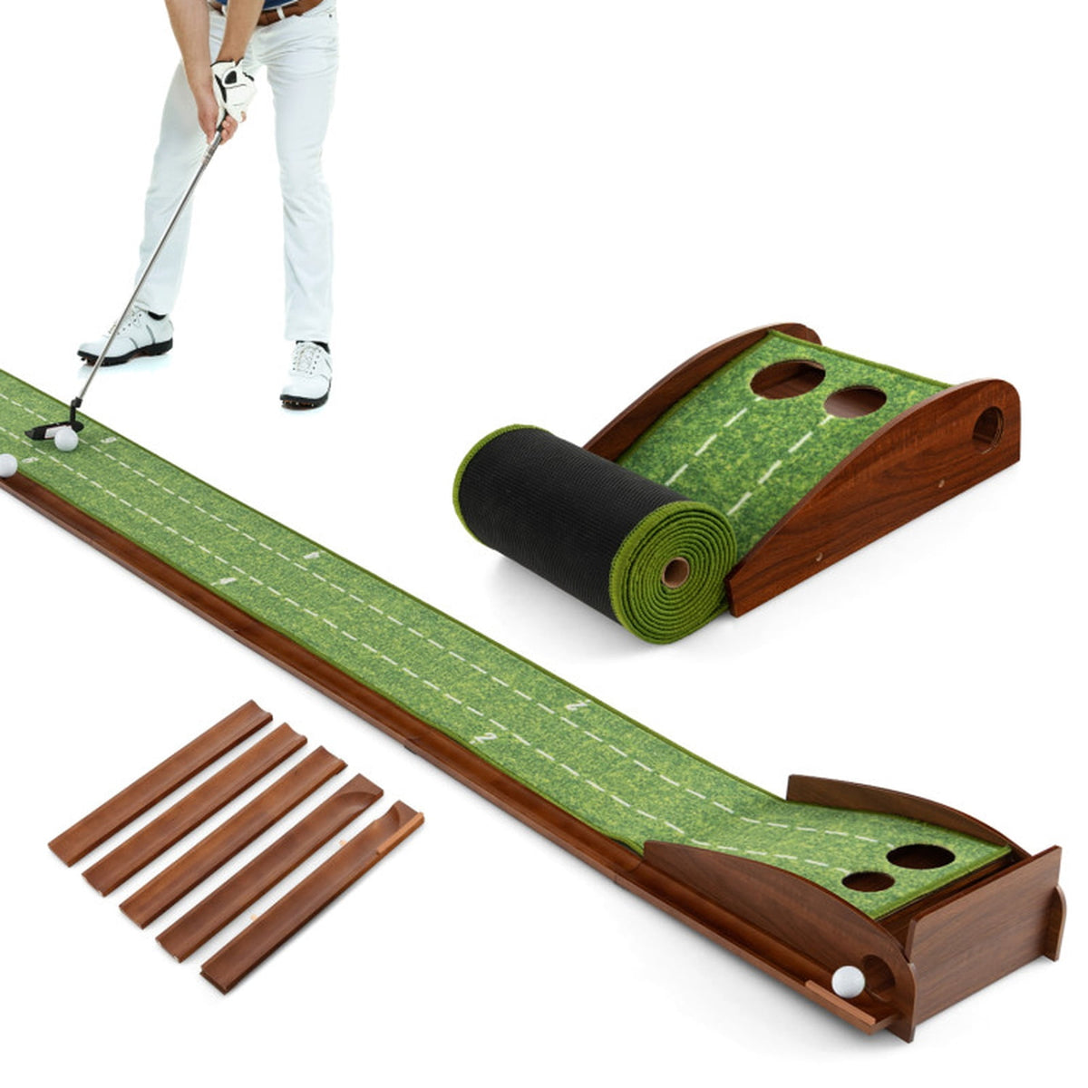 Airfind 10 ft Indoor Putting Mat with Wood Track, Auto Ball Return and 2 Hole Sizes, Brown