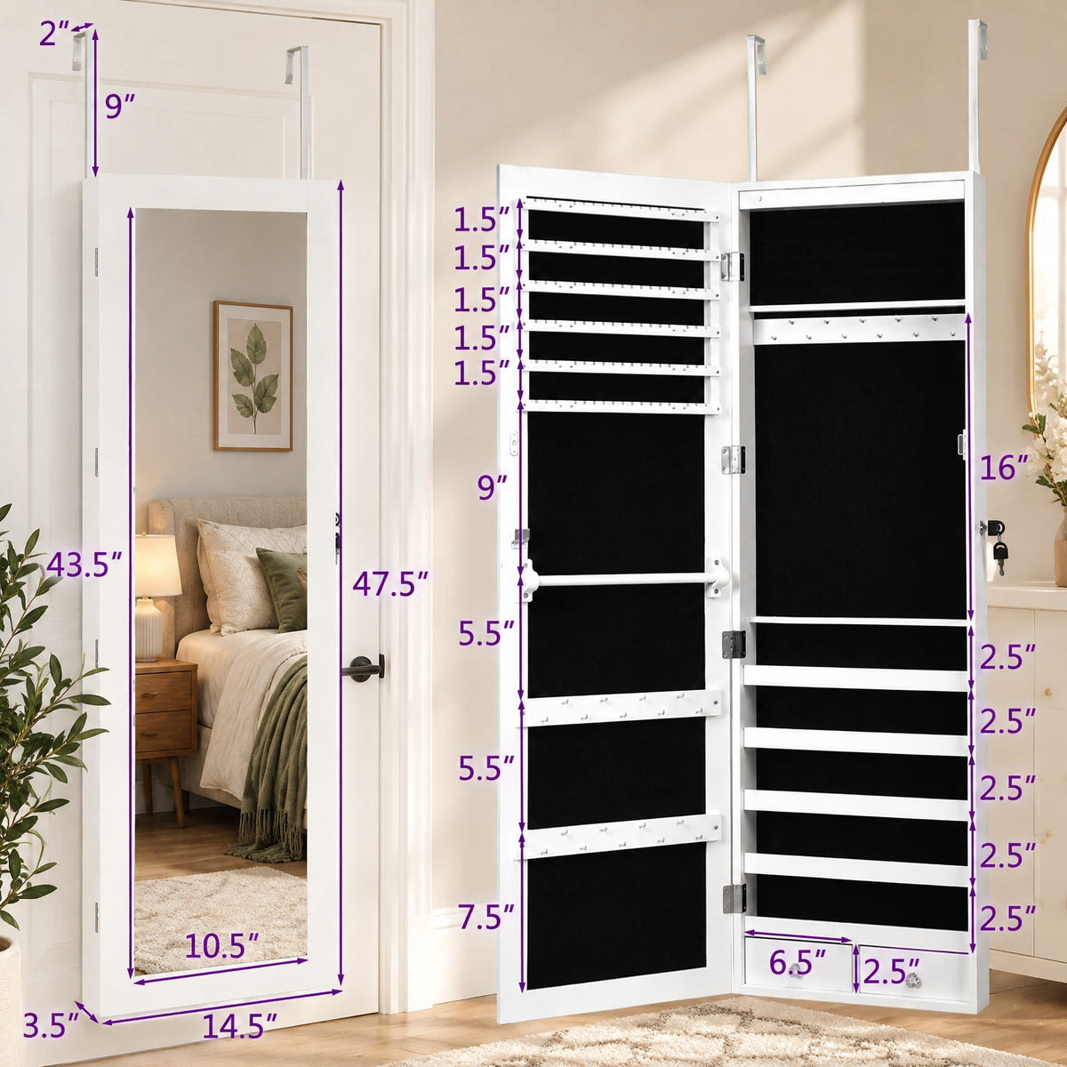 Airfind Wall Mounted Lockable Mirror Jewelry Cabinet with LED Light, Real glass quality MDF soft velvet Frame, 14.5in x 3.5in x 56.5in Footprint, White