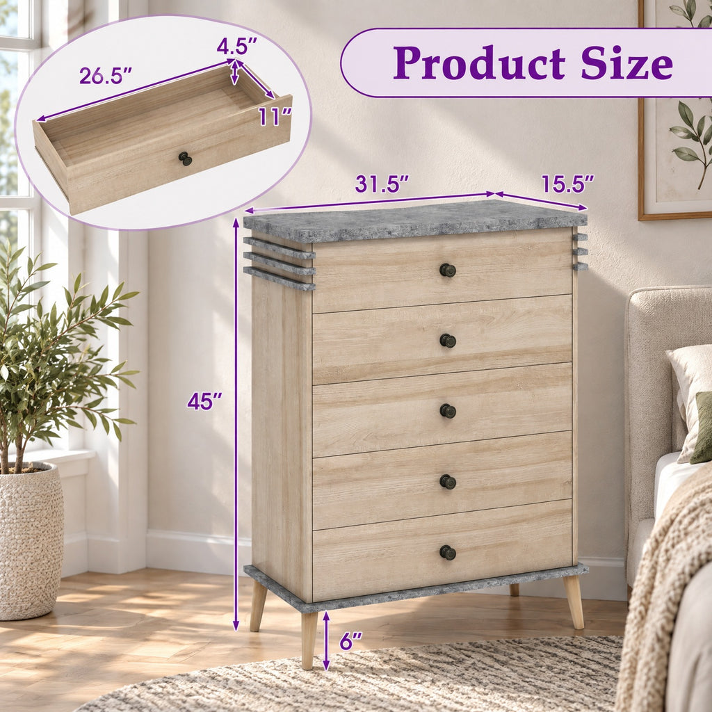 Airfind Farmhouse Chest Dresser of Drawers Tall Storage Organizer, 176 lbs Capacity, Engineered Wood MDF Rubber Wood Metal Frame, Grey