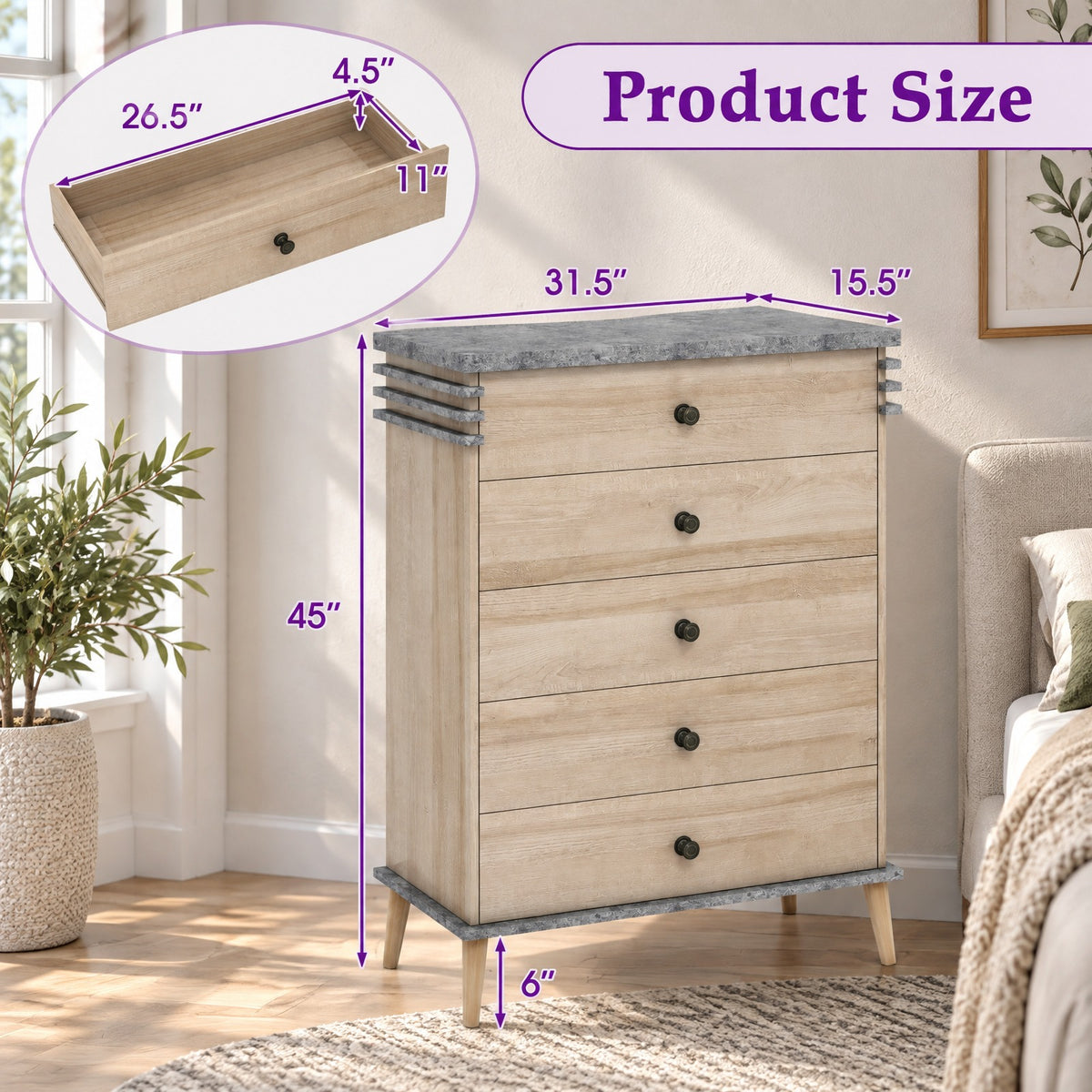 Airfind Farmhouse Chest Dresser of Drawers Tall Storage Organizer, 176 lbs Capacity, Engineered Wood MDF Rubber Wood Metal Frame, Grey