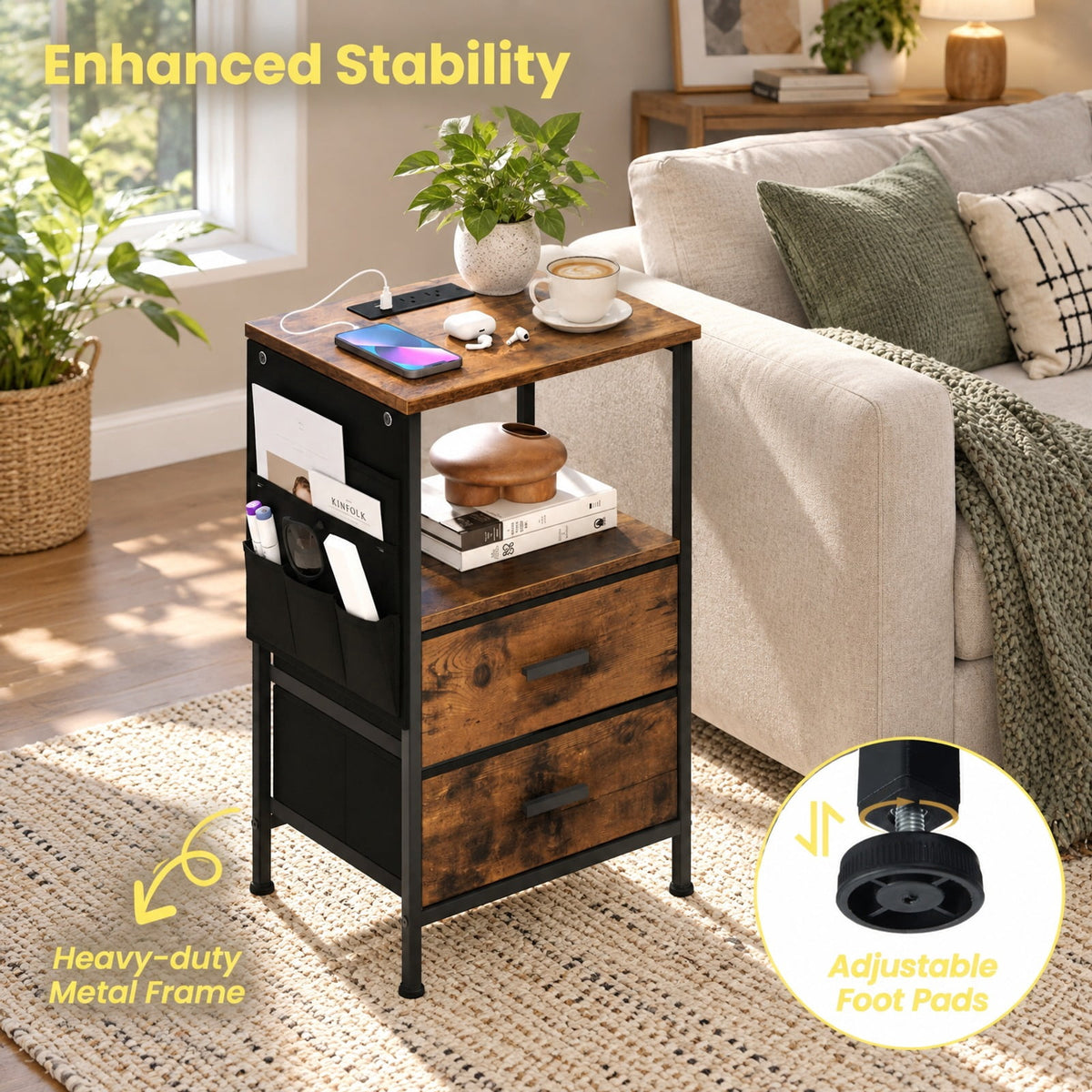 Airfind End Table with Charging Station Set of 2 Nightstand with 2 Folding Fabric Drawers, 110 lbs Capacity, Rustic Brown + Black