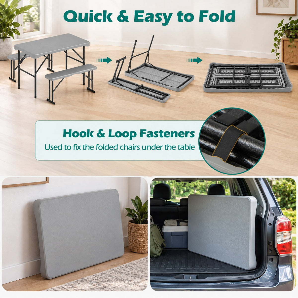 Airfind 44 Inch HDPE Folding Picnic Table Set with 2 Benches, 110 lbs Capacity, HDPE Metal Frame, 44 Inch x 24 Inch x28 Inch Footprint, Grey