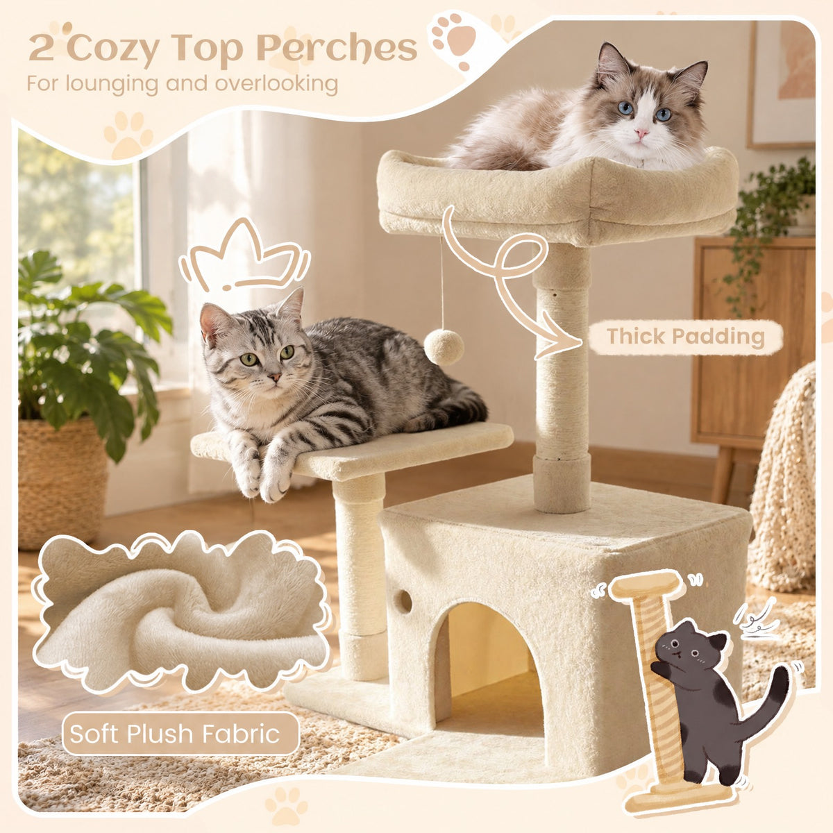 Airfind 80 Inches Tall Cat Tree with 2 Large Condos and Dangling Toys, 33 lbs Capacity, Engineered Board Sisal Plush Fabric Sponge Frame, Beige