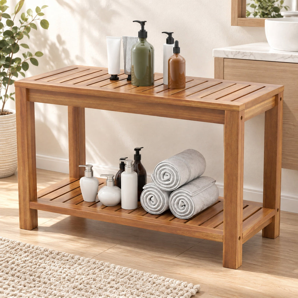 Airfind 30 Inch Teak Wood Shower Bench Inside Shower Stool with Storage Shelf, Teak Wood 19 Inches Frame, 19 x 12.5 x 17.5 Footprint, Wood