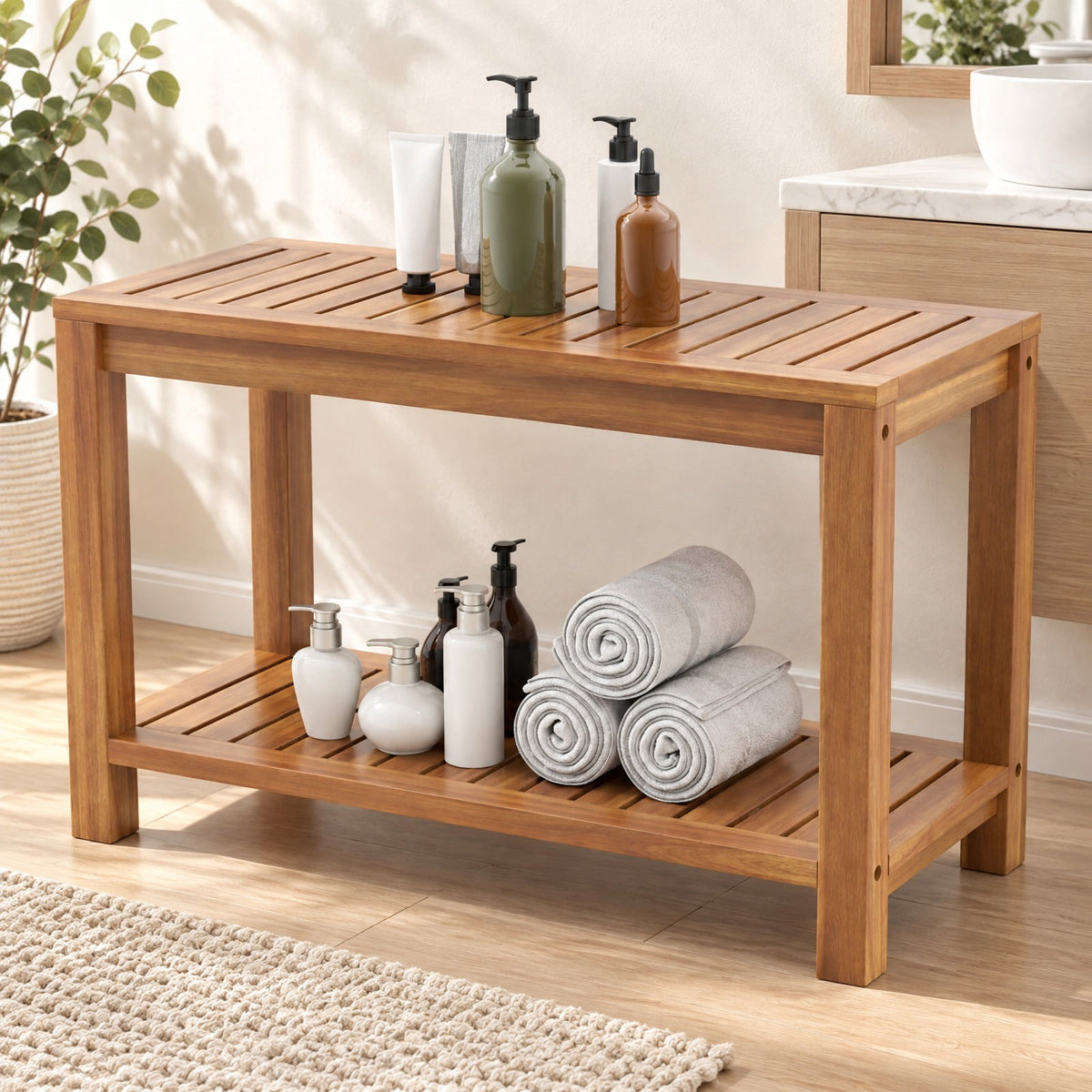 Airfind 30 Inch Teak Wood Shower Bench Inside Shower Stool with Storage Shelf, Teak Wood 19 Inches Frame, 19 x 12.5 x 17.5 Footprint, Wood