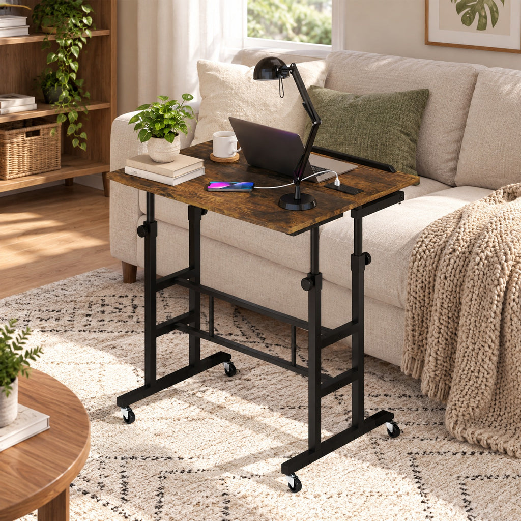 Airfind Height Adjustable Mobile Standing Desk with Power Outlets and Portable Rolling Laptop Cart on Wheels, Brown