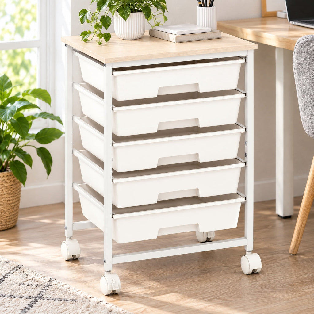 Airfind 5-Drawer Rolling Cart with Wooden Tabletop and Metal for Craft Room, 33 lbs Capacity, Metal PP Engineered Wood, White