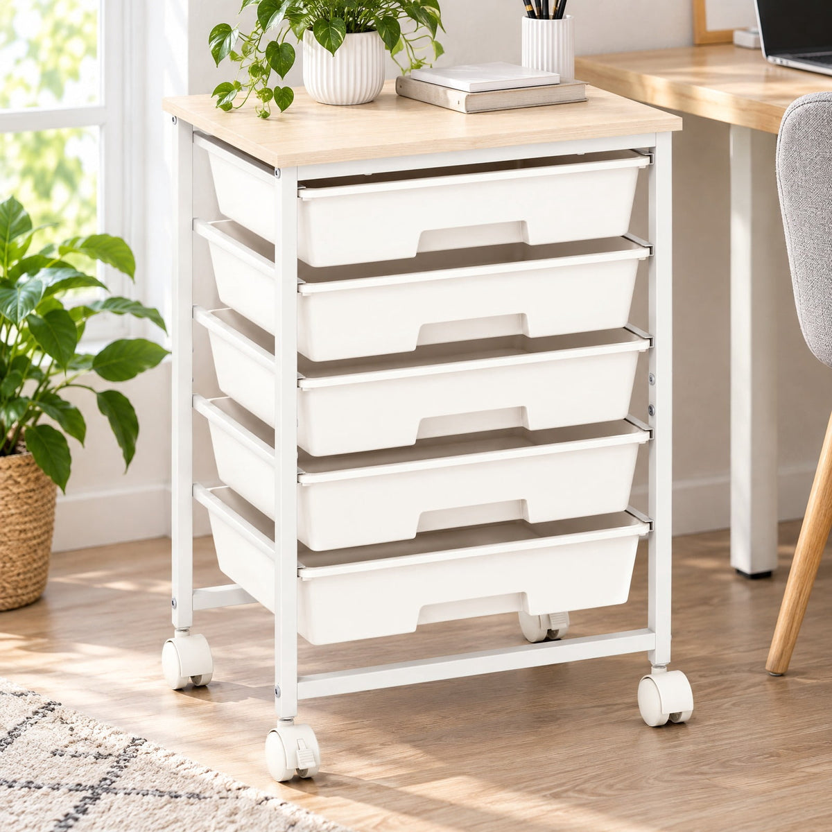 Airfind 5-Drawer Rolling Cart with Wooden Tabletop and Metal for Craft Room, 33 lbs Capacity, Metal PP Engineered Wood, White