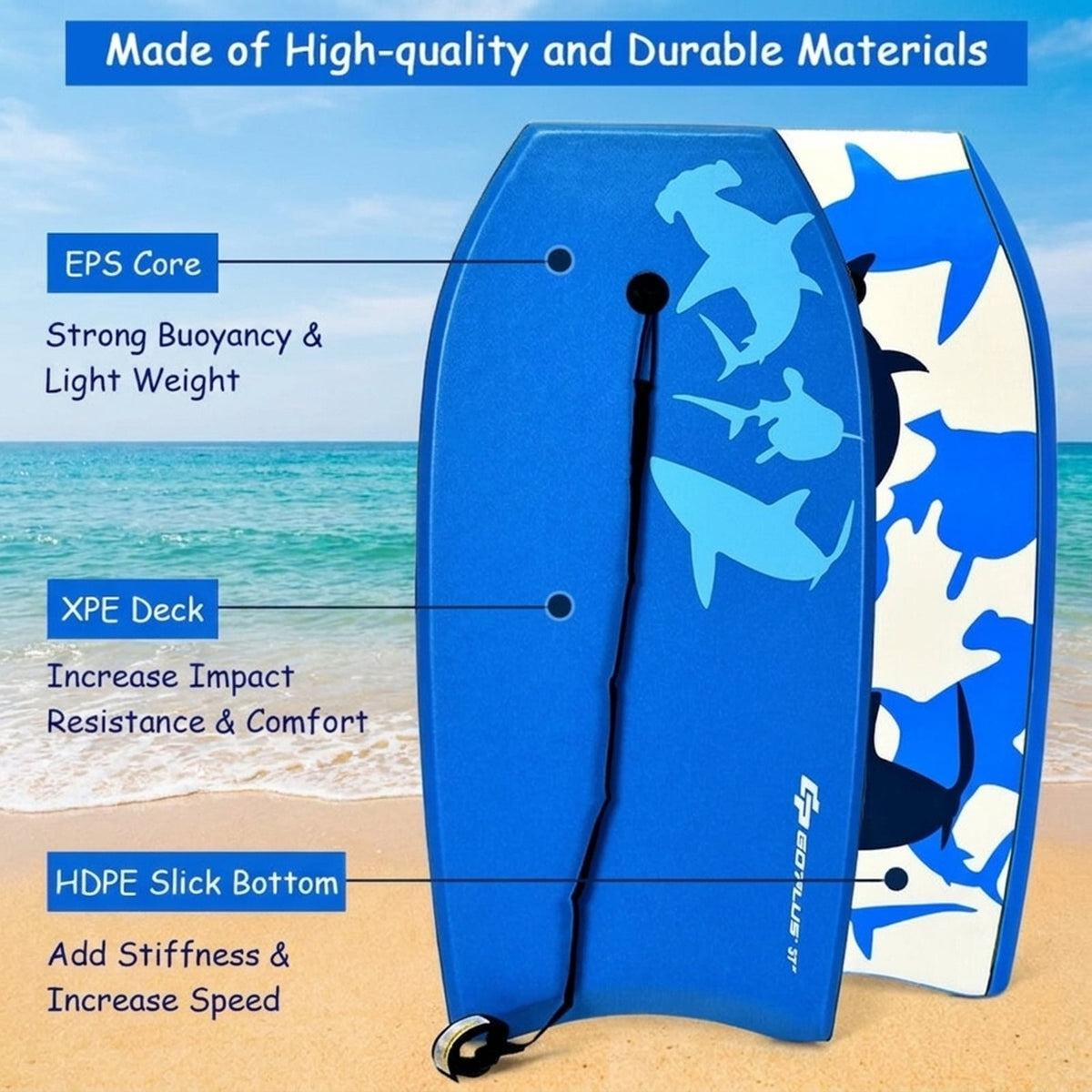 Airfind 41 Inch Lightweight Surf Bodyboard for Adults ¡ª XPE Deck, EPS Core, HDPE Slick Bottom, Crescent Tail, Coiled Wrist Leash (Blue)