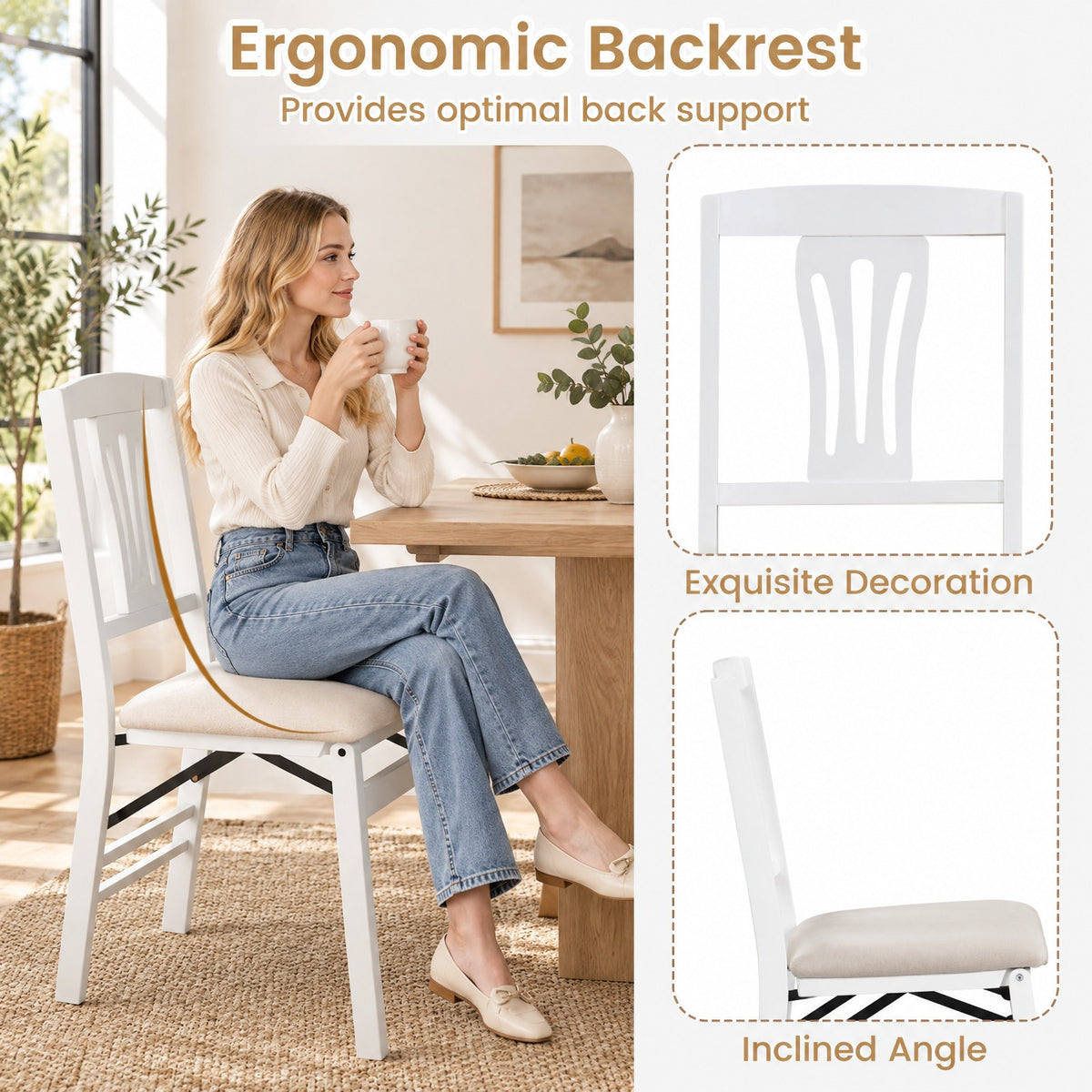 Airfind Folding Kitchen Chairs Set of 2 Upholstered Dining Chairs with Comfy Padded Seats, 375 lbs Capacity, 21 x 17 x 34.5 Footprint, White