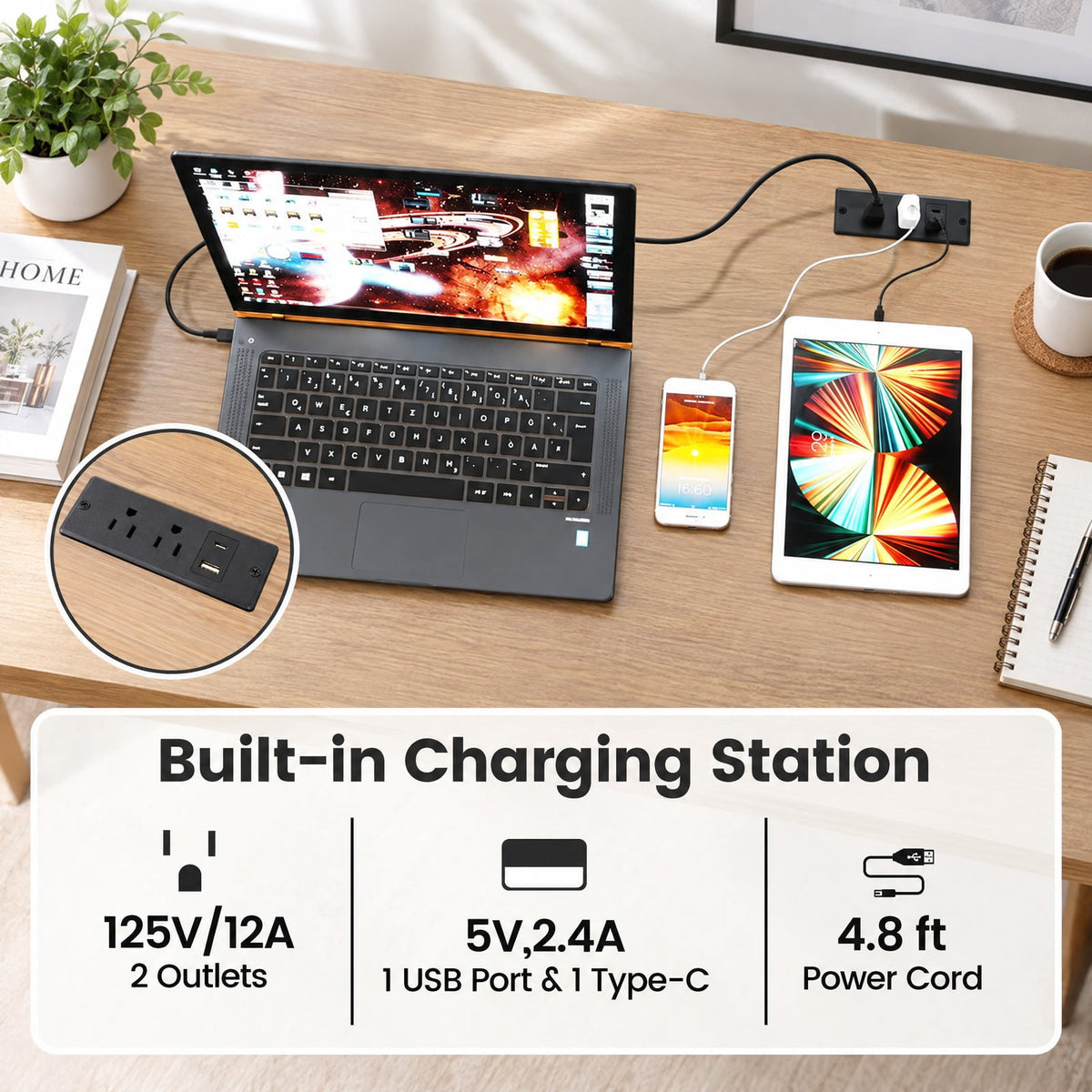 Airfind 55 x 24 inch Computer Desk with Power Outlets and USB Ports, 220 lbs Capacity, Engineered Wood Metal Frame, Black
