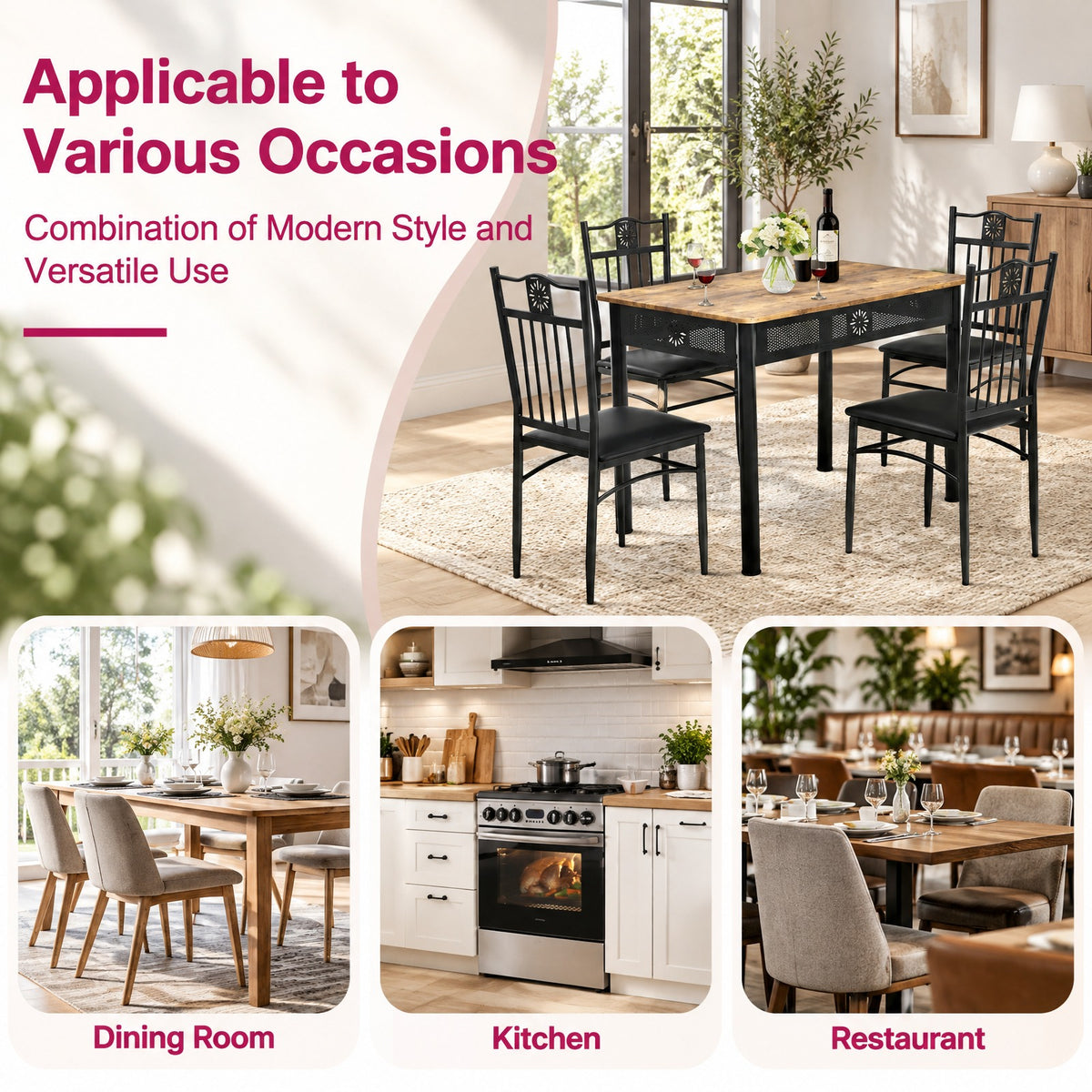 Airfind 5 Pcs Dining Set Wood Metal Table and 4 Chairs with Cushions, 132 lbs Capacity, Steel tube and MDF Frame, Black