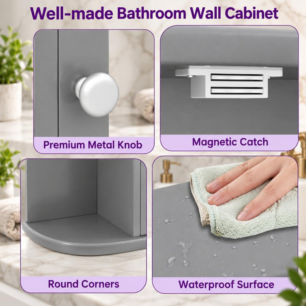 Airfind Multipurpose Mount Wall Surface Bathroom Storage Cabinet with Mirror, 44 lbs Capacity, MDF Frame, Gray