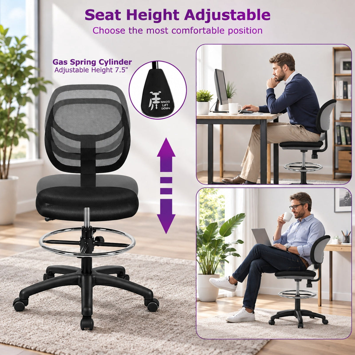 Airfind Adjustable Height Mid Back, Mesh Drafting Office Chair, 330 lbs Capacity, Mesh sponge plasticOverall Frame, BlackMain, Natural