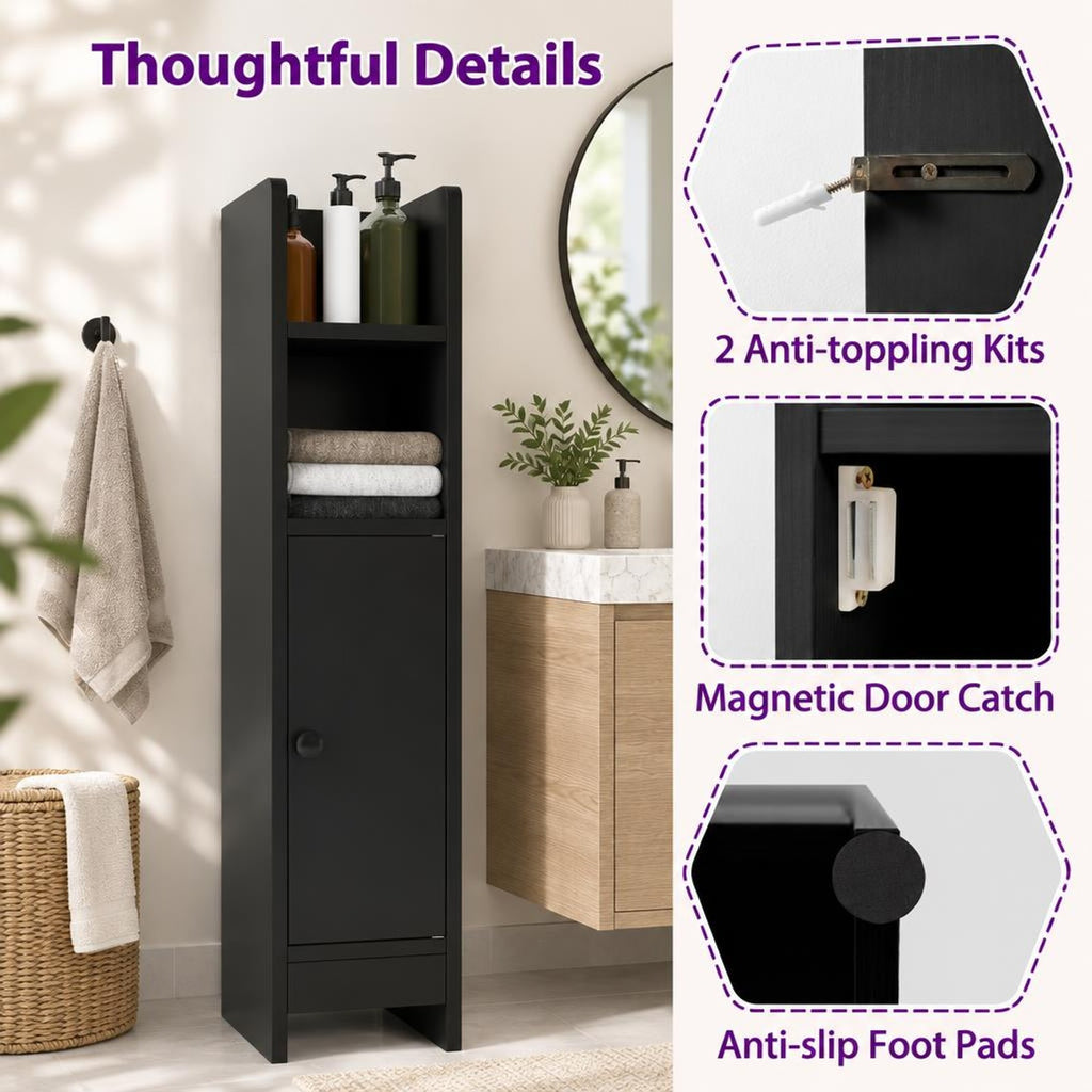 Airfind Bathroom Slim Cabinet Corner with Door and Adjustable Shelf, 44 lbs Capacity, Engineered Wood Frame, Black