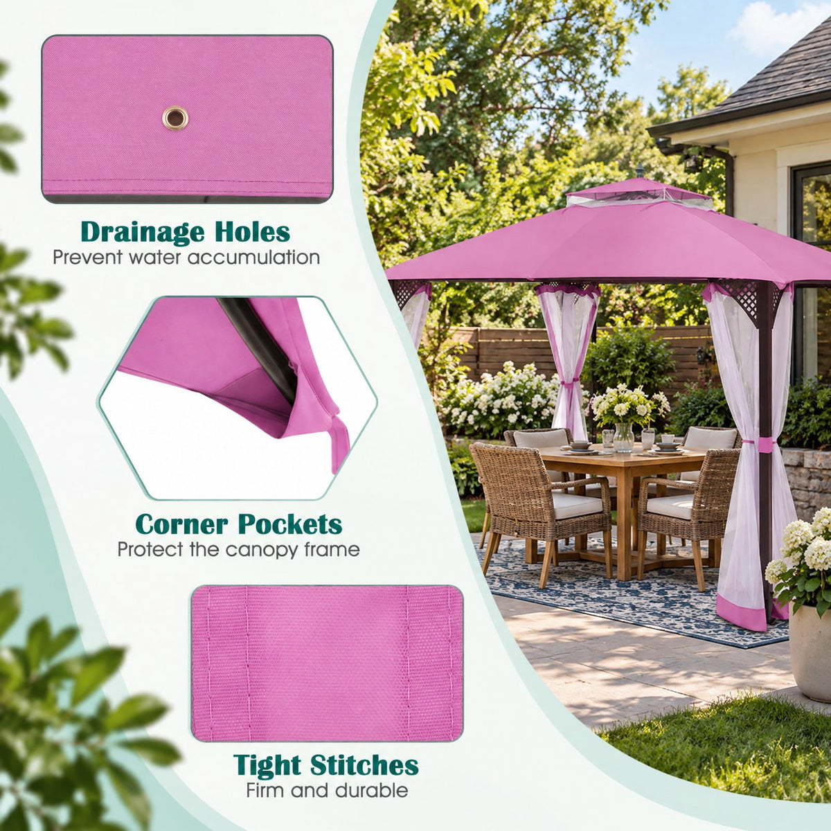 Airfind 10 x 12 Feet Gazebo Replacement Top with Air Vent and Drainage Holes, Polyester Frame, 12 ft x 10 ft Footprint, Pink