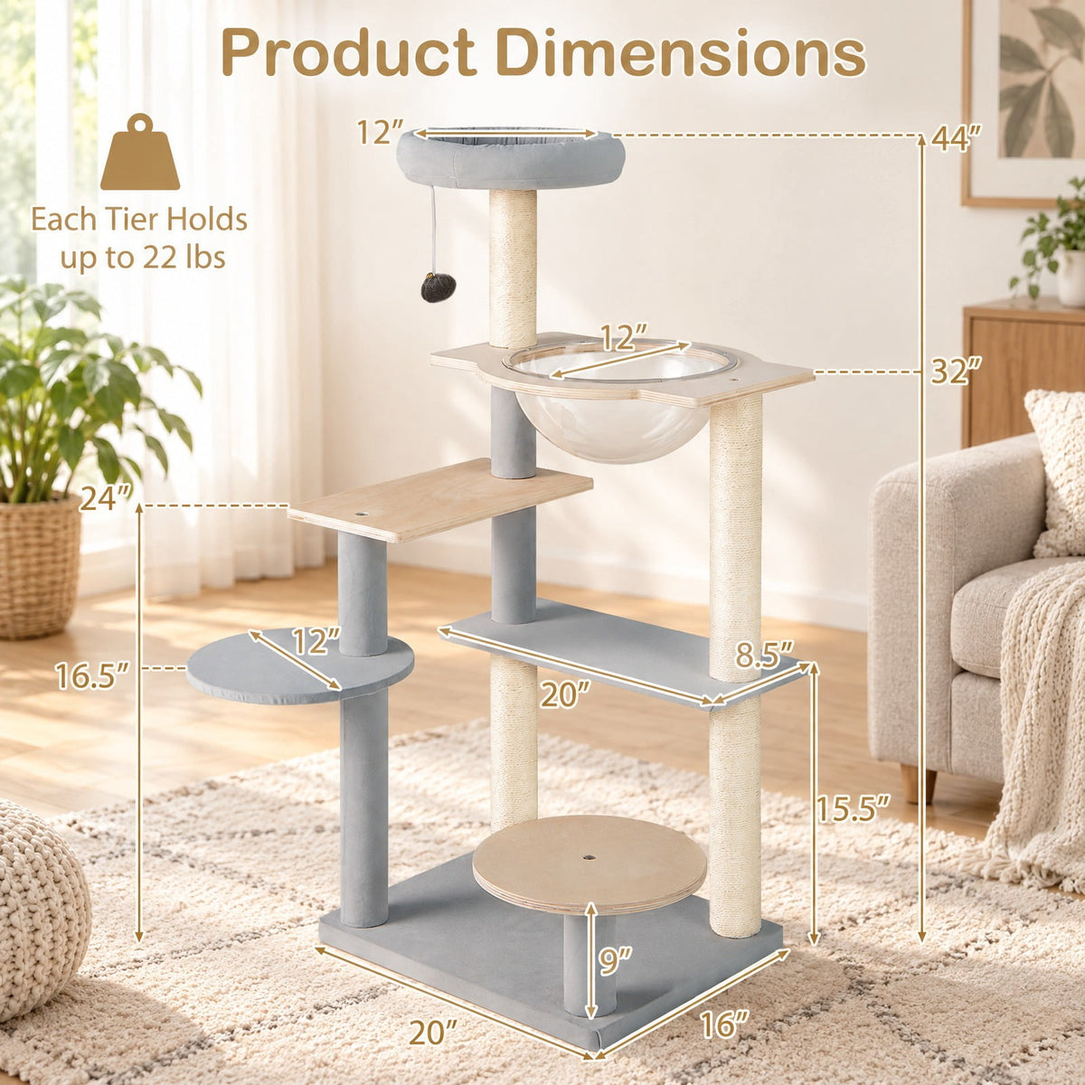 Airfind Modern Cat Tree 44 Inch Multi-level Cat Tower with Removable Padded Top Perch, 22 Lbs Capacity with Solid Plywood Sisal Engineered, Natural