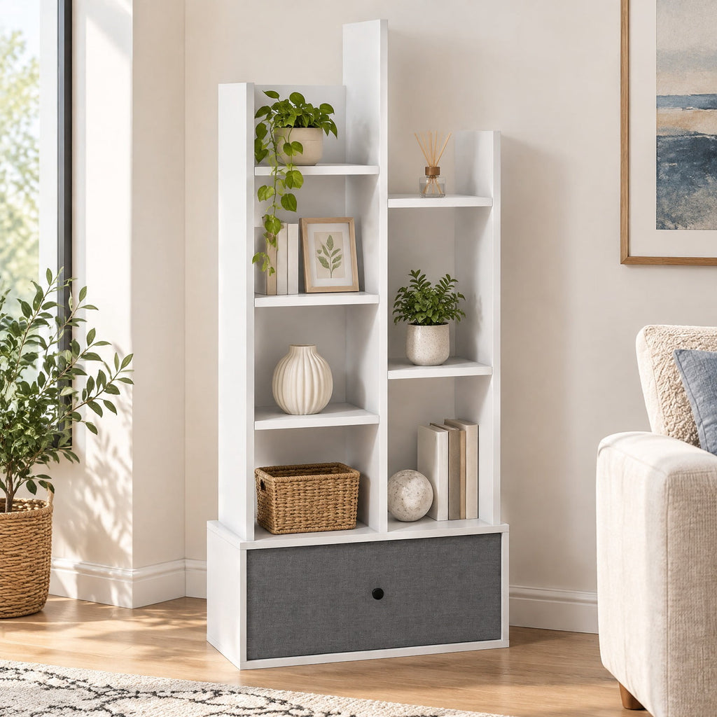 Airfind 7-Tier Open-Back Bookshelf with Drawer, 33 lbs Capacity, Engineered wood Frame, 21 Inch x 9.5 Inch x 47 Inch Footprint, Brown