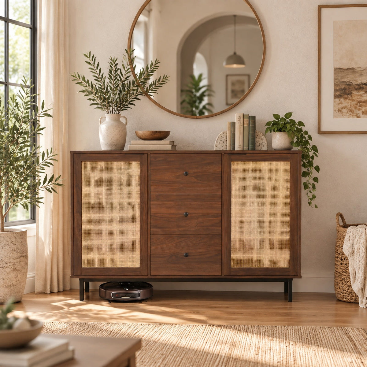 Airfind Sideboard Buffet Cabinet Rustic Farmhouse Coffee Bar Table with 2 Rattan Doors and 3 Drawers, 110 lbs Capacity, Engineered Wood Frame, Brown