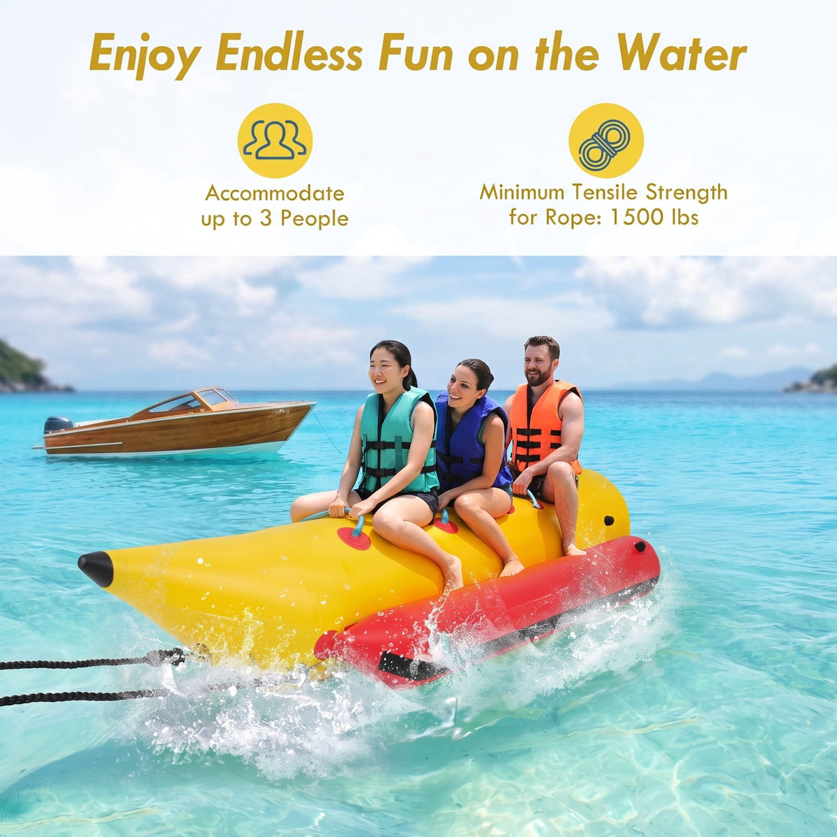 Airfind 3 Person Inflatable Banana Boat with Electric Air Pump Carrying Bag and Repair Kit for Lake and Sea Towing, Red and Yellow