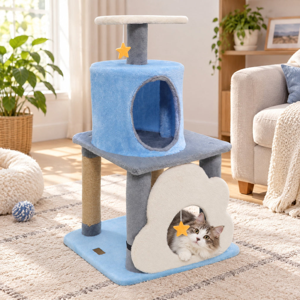 Airfind 31.5 Inch Cute Modern Cat Tree Multi-Level Kitten Tower, Engineered Board Plush Fabric Sponge Jute, 18.5 Inch X 16 Inch X 31.5 Inch Condo, Blue