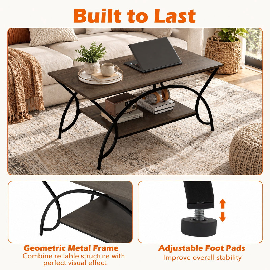 Airfind 2-Tier wood grain Coffee Table with wood grain top and Metal Frame, 110 lbs Capacity, Engineered wood steel Frame, Oak