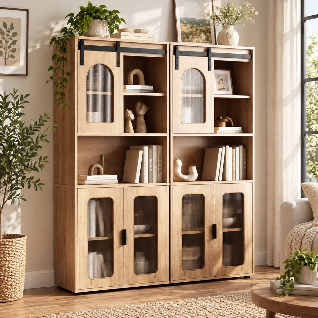 Airfind Farmhouse Bathroom Floor Cabinet with Sliding Barn Door, 44 Lbs Capacity, Engineered Wood, 23.5 Inch X 12 Inch X 59 Inch, Natural