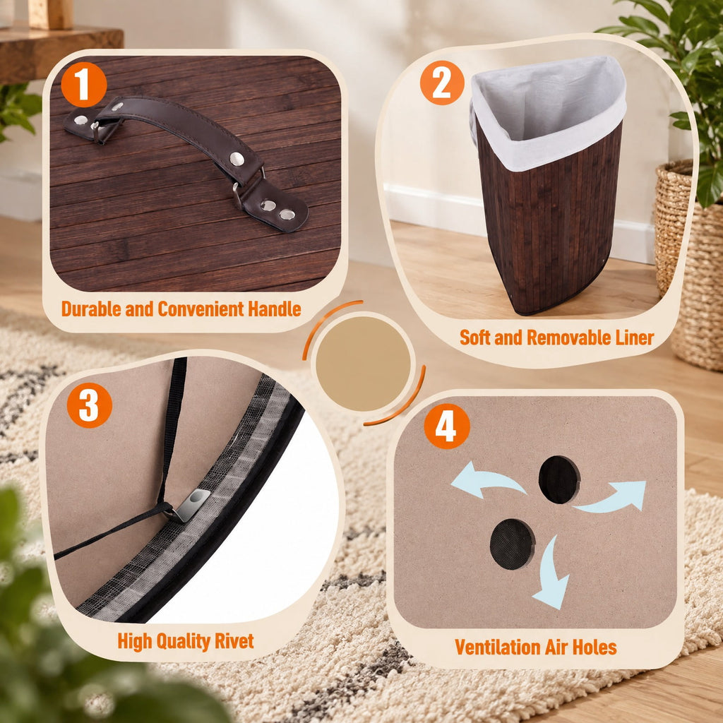 Airfind Corner Bamboo Hamper Laundry Basket, Bamboo and polyester cotton Frame, Brown, Easy to carry with a handle on each side