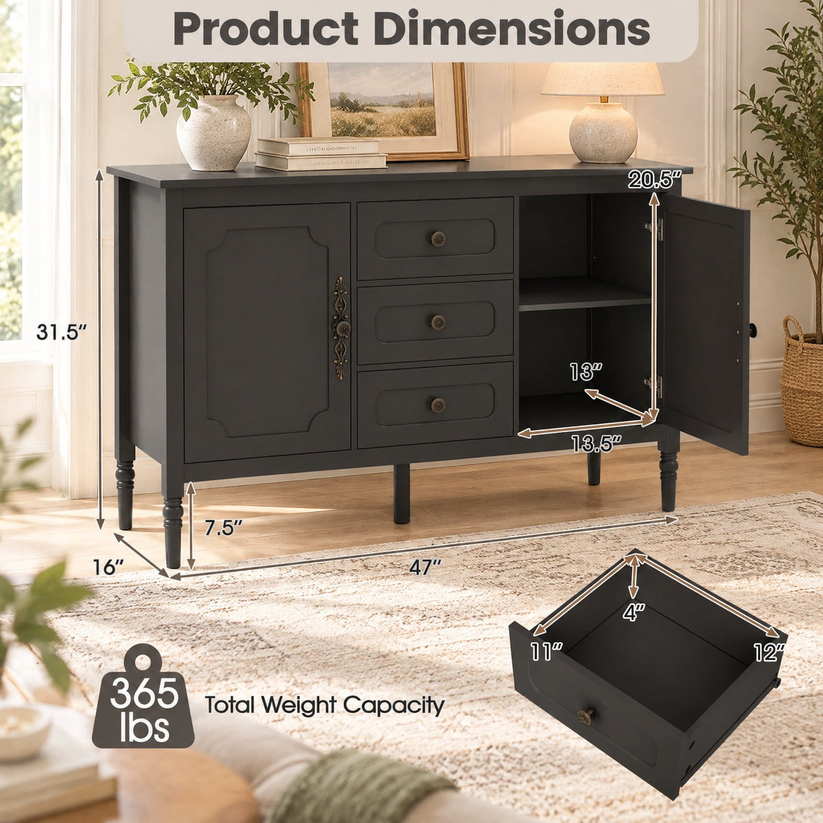 Airfind 47 Inch Vintage Buffet Cabinet with 3 Drawers 2 Cabinets and Adjustable Shelves for Dining Room, 110 lbs Capacity, 47 Inch x 15.5 Inch x 31.5 Inch Footprint