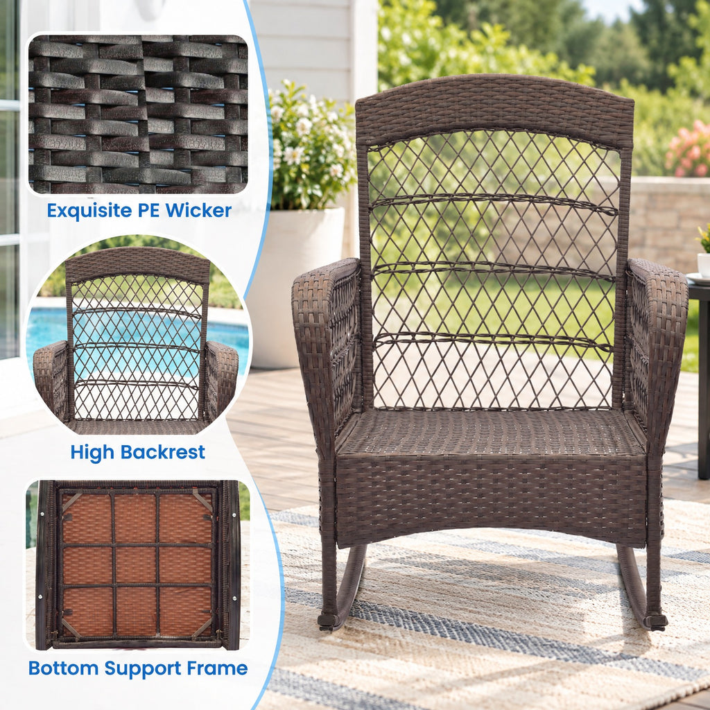 Airfind 3 Pieces Rocking Bistro Set with 2-Tier Coffee Table, PE Rattan Metal Tempered Glass Polyester Sponge Frame, 34 Inch x 26.5 Inch x 37 Inch Footprint
