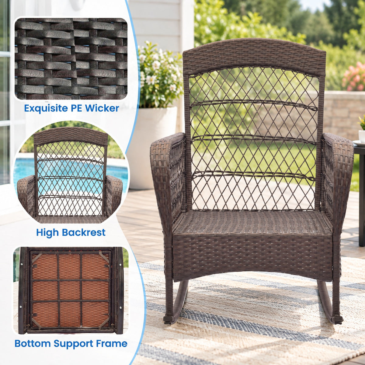 Airfind 3 Pieces Rocking Bistro Set with 2-Tier Coffee Table, PE Rattan Metal Tempered Glass Polyester Sponge Frame, 34 Inch x 26.5 Inch x 37 Inch Footprint