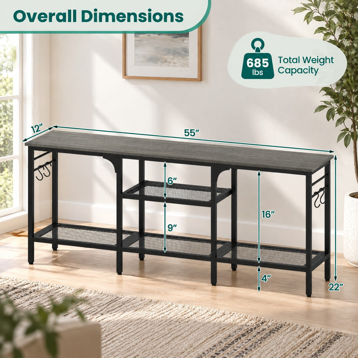 Airfind TV Stand, for TVs up to 65 Inch with 3-Tier Open Shelves and 4 Hooks, 685 lbs Capacity, Engineered Wood Metal Frame, Oak