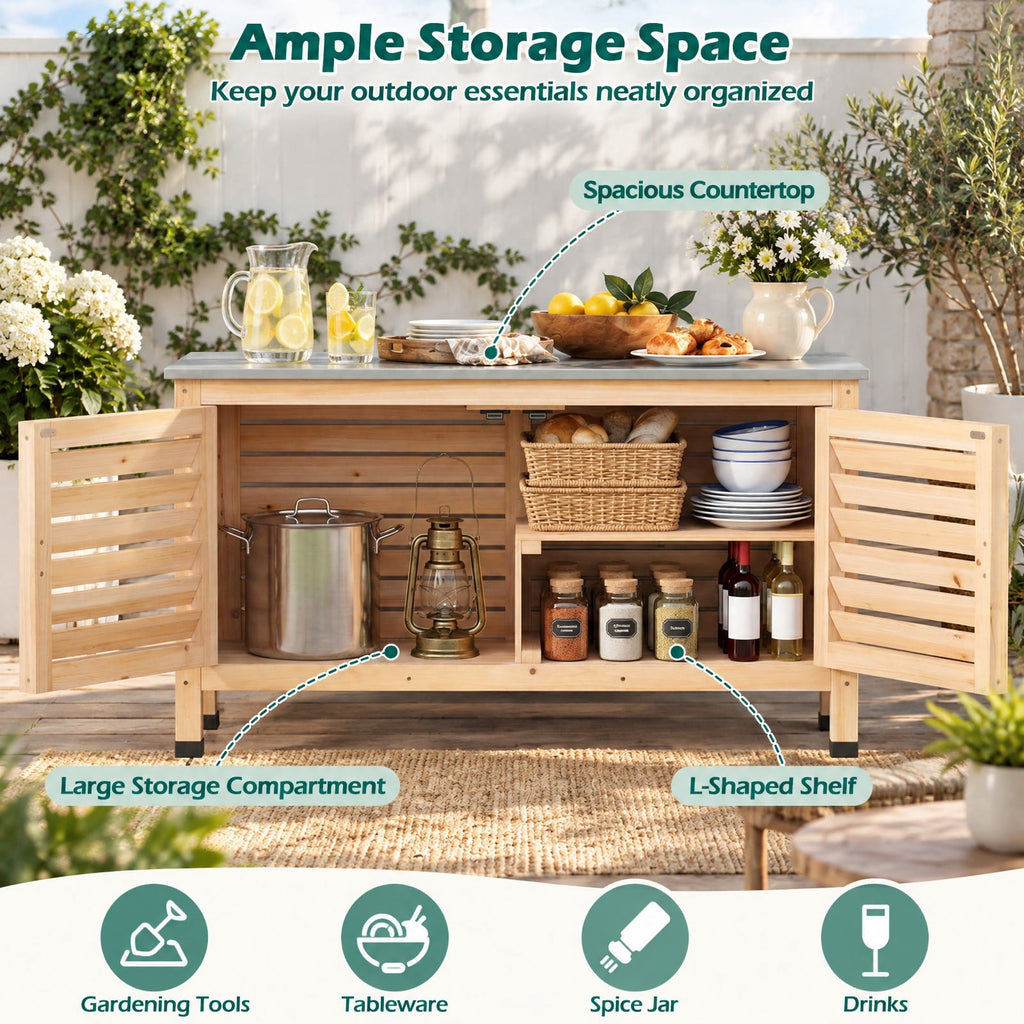 Airfind Patio Storage Cabinet with Stainless Steel Countertop and L-Shaped Shelf for Garden, 66 lbs Capacity, Fir Wood Stainless Steel Rubber Frame