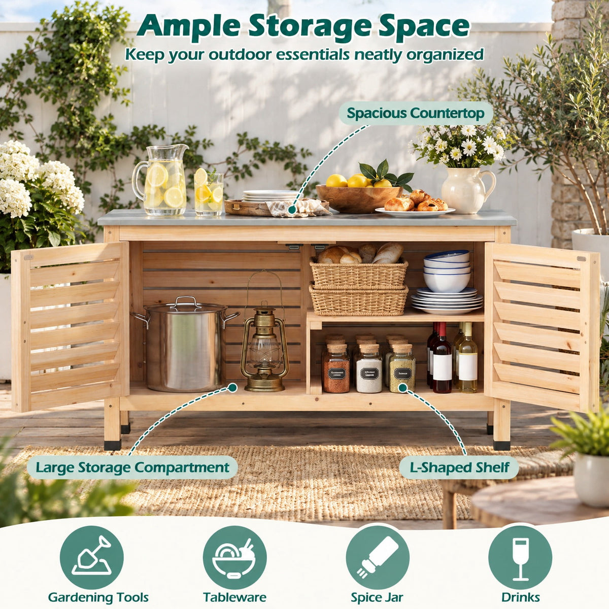 Airfind Patio Storage Cabinet with Stainless Steel Countertop and L-Shaped Shelf for Garden, 66 lbs Capacity, Fir Wood Stainless Steel Rubber Frame