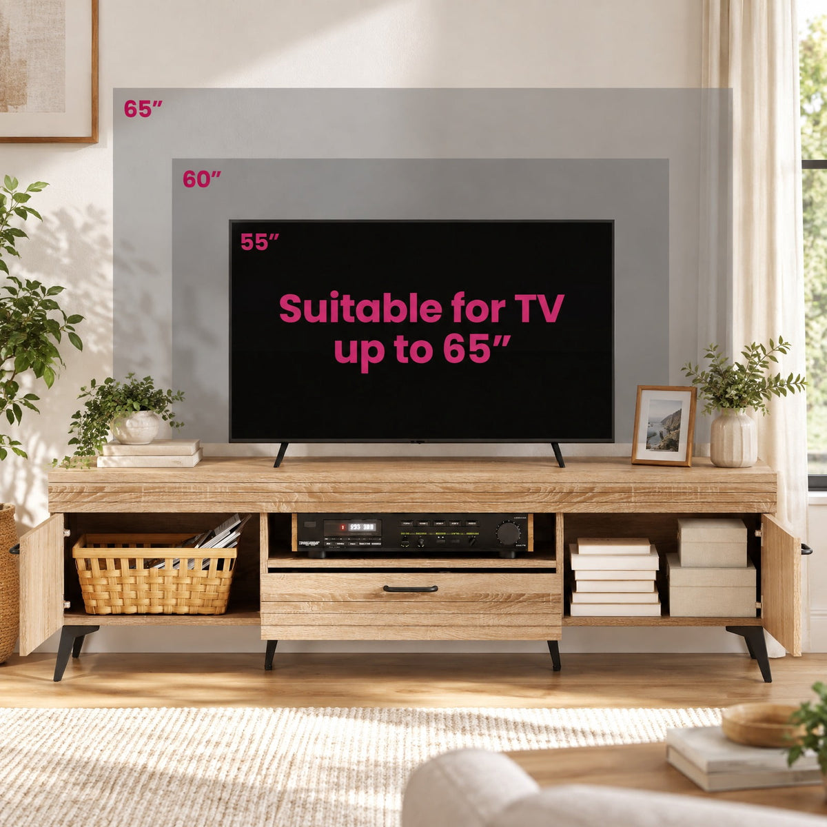Airfind TV Stand with 2 Cabinets and Storage Drawer for 65 Inches TVs, 180 lbs Capacity, Metal Engineered Wood Frame, 59 x 15 x 17 Footprint, Oak