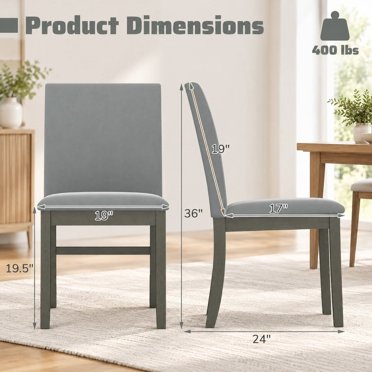 Airfind Upholstered Dining Chairs Set of 2 with Rubber Wood Legs and High Back, Gray, Curved rear legs ensure enhanced stability