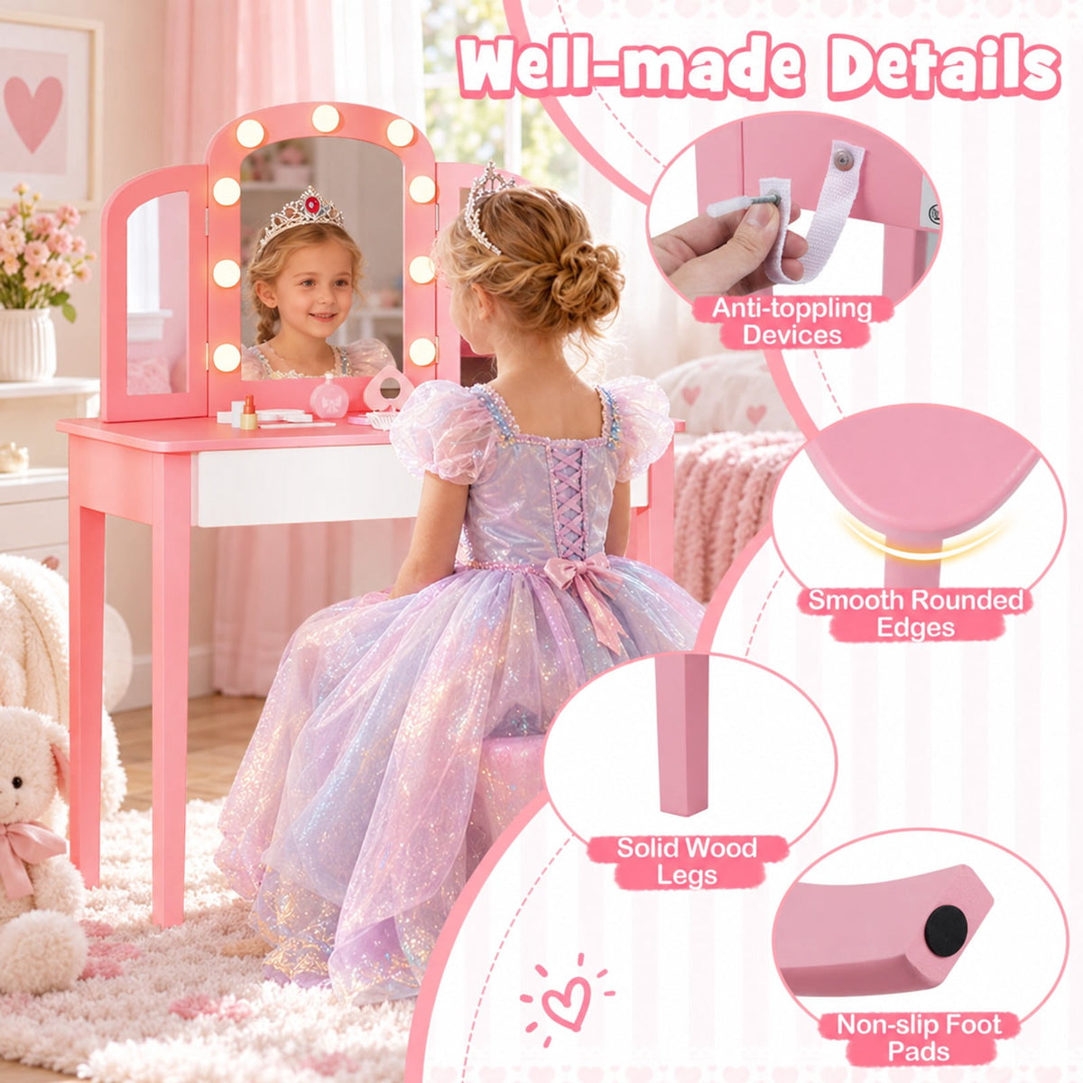 Airfind 2-in-1 Kids Vanity Table Set with Tri-Folding Detachable Mirror and Lights, 110 lbs Capacity, MDF Pine Wood Acrylic Frame, Footprint, Pink
