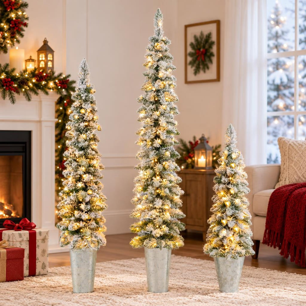 Airfind Set of 3 Pre-Lit Snow Flocked Artificial Christmas Trees witrh 423 Branch Tips, PVC Tree Height 3 ft Tree Width 10in Frame