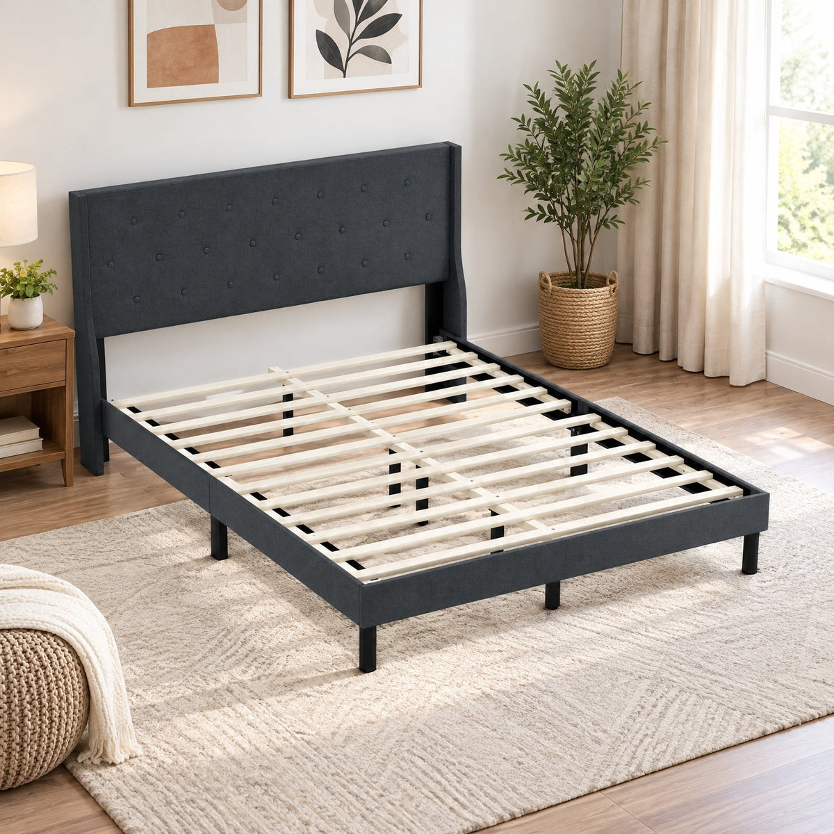 Airfind Queen Size Upholstered Bed Frame with Button Tufted Wingback Headboard and Wooden Slats Support Mattress Foundation, 800 lbs Capacity, Gray