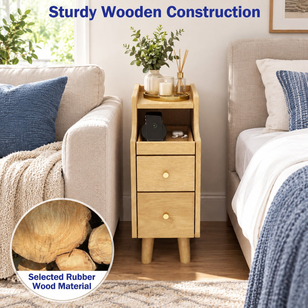 Airfind Solid Wood Night Side Table Narrow Bedside Table Nightstand with Pull-out Tray and 2 Storage Drawers, 55 lbs Capacity, Natural