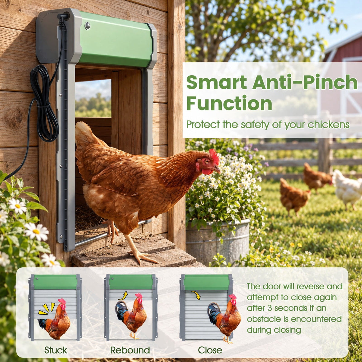 Airfind Automatic Chicken Coop Door with Remote Control and Light Sensor Timer, Aluminum ABS Silicon Frame, 14 x 12 x 4 Footprint, Green Sliver