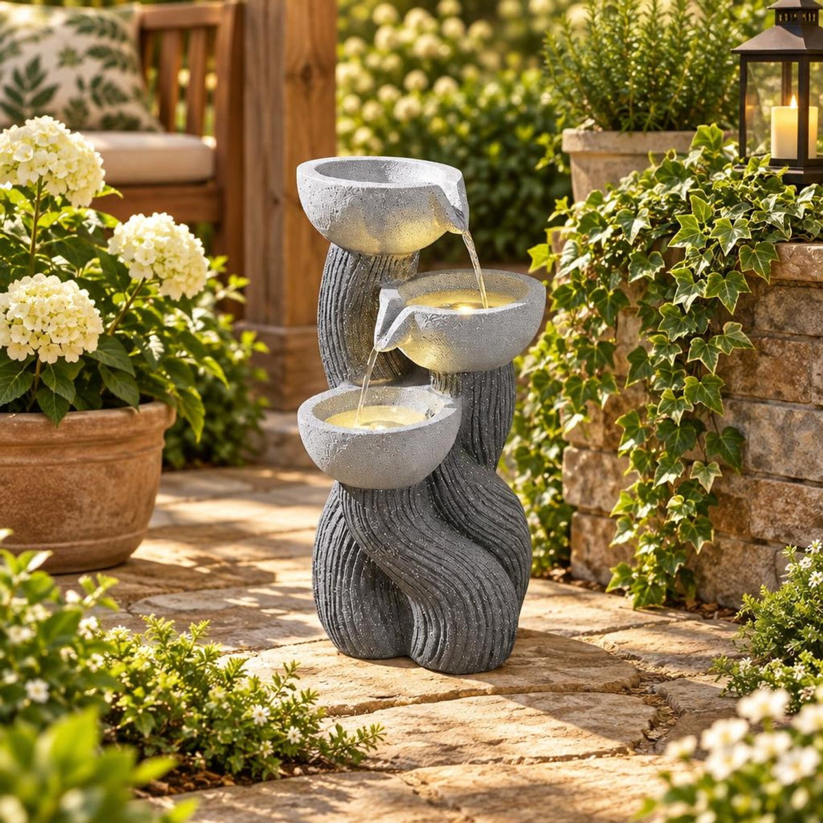 Airfind 3-Tier Outdoor Water Fountain with LED Lights 18.5 Inch H for Patio Deck, Resin Fiberglass Frame, Gray
