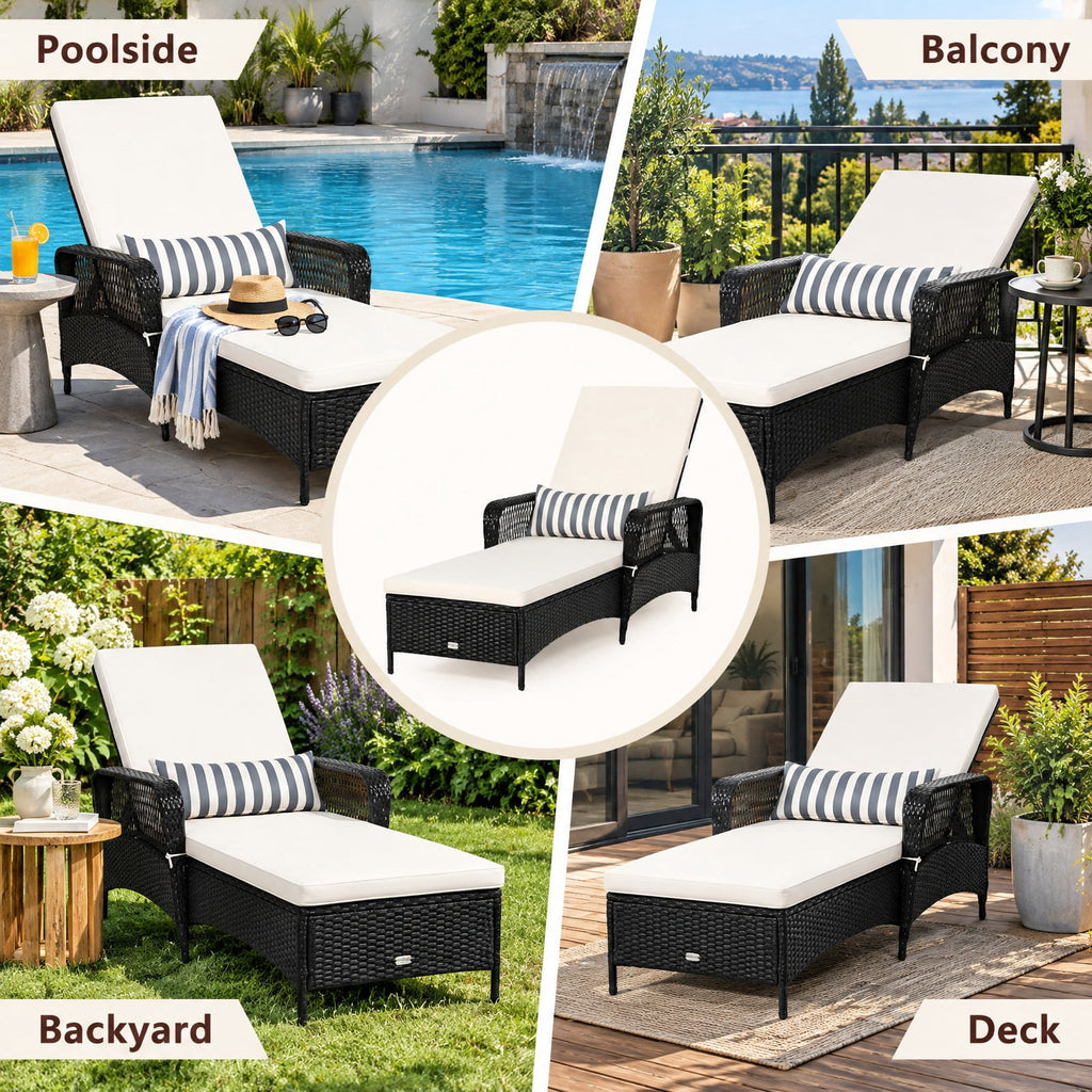 Airfind PE Rattan Armrest Chaise Lounge Chair with Adjustable Pillow, 400 lbs Capacity, Steel PE wicker rattan fabric foam Frame, White