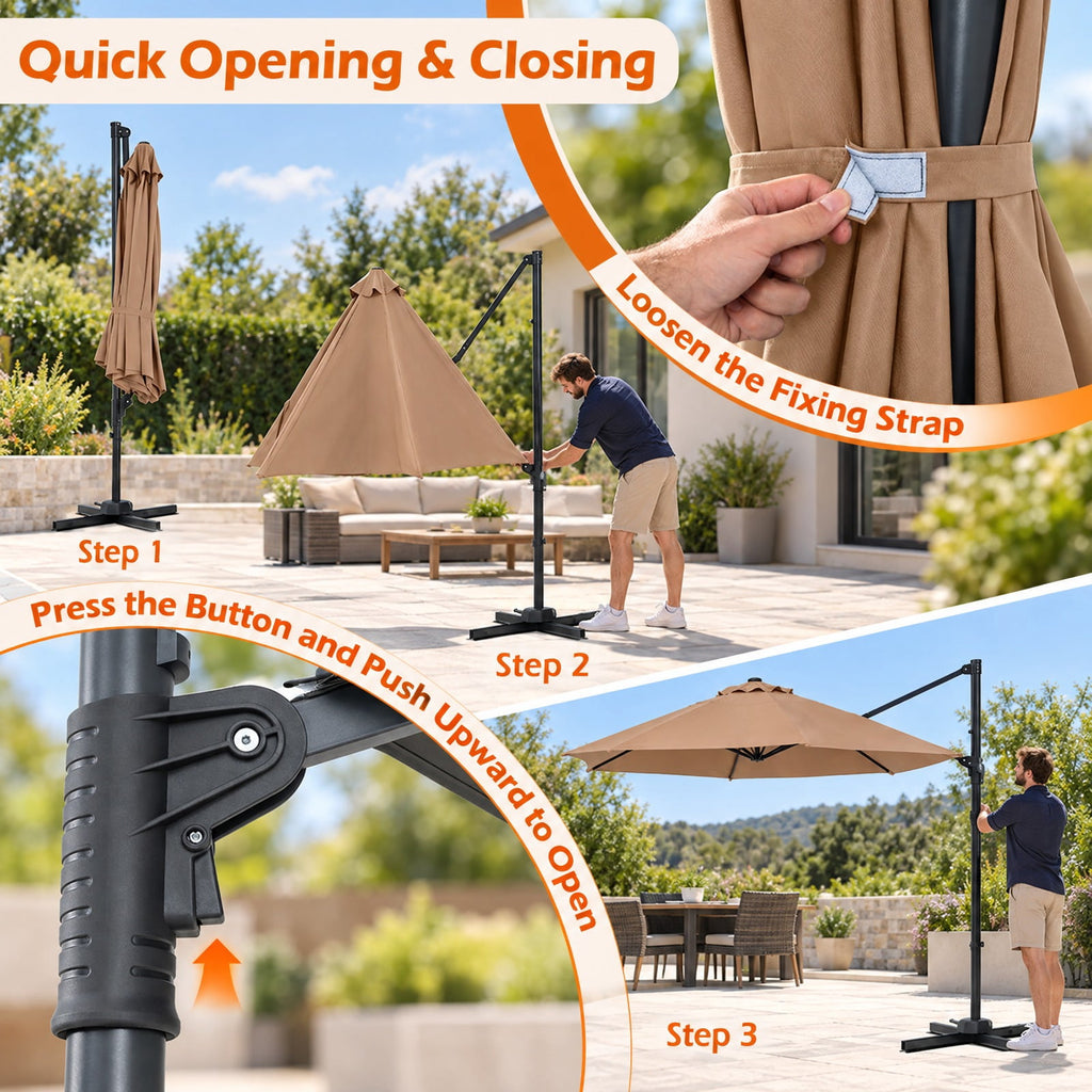 Airfind 10 FT Patio Cantilever Umbrella with 360° Rotation and Air Vent for Backyard and Poolside, Polyester Fabric Metal PP Frame, Tan